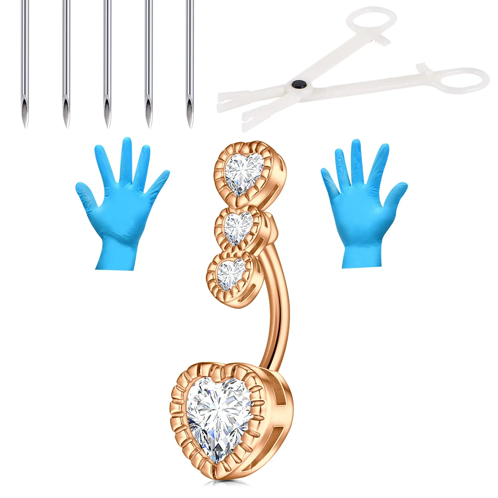 Belly Button Piercing kit,14G Stainless Steel Rose Gold Belly Button Ring with 12G Piercing Needles and Piercing Clamps Body Piercing Tool for Navel Belly Piercing