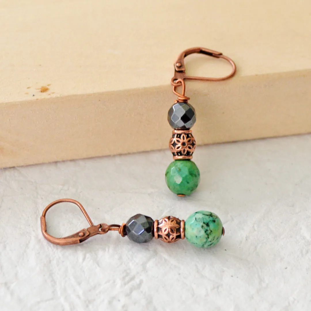 Black Hematite & Green Turquoise Magnetic Health Earrings