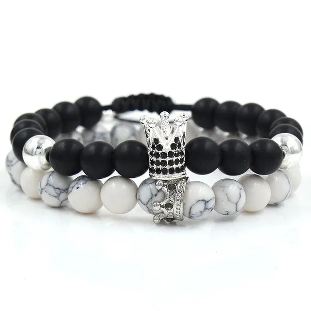 Black Onyx & White Turquoise Crown Couple Bracelets
