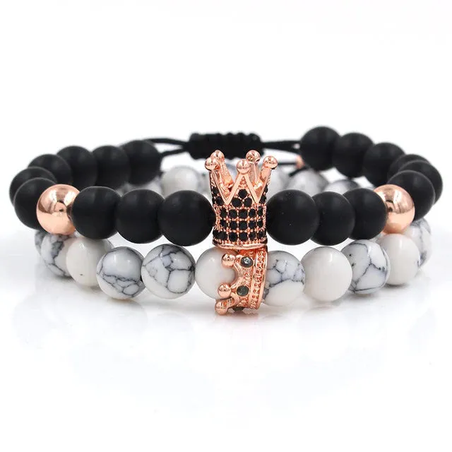 Black Onyx & White Turquoise Crown Couple Bracelets