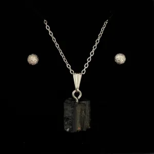 BLACK TOURMALINE RAW (FRAGILE) PENDANT ONLY - FREE CHAIN & EARRINGS
