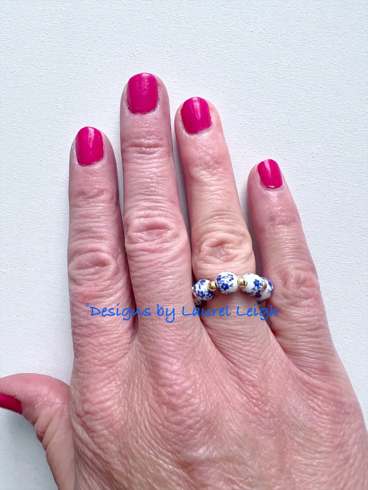 Blue & White Chinoiserie Floral Beaded Ring