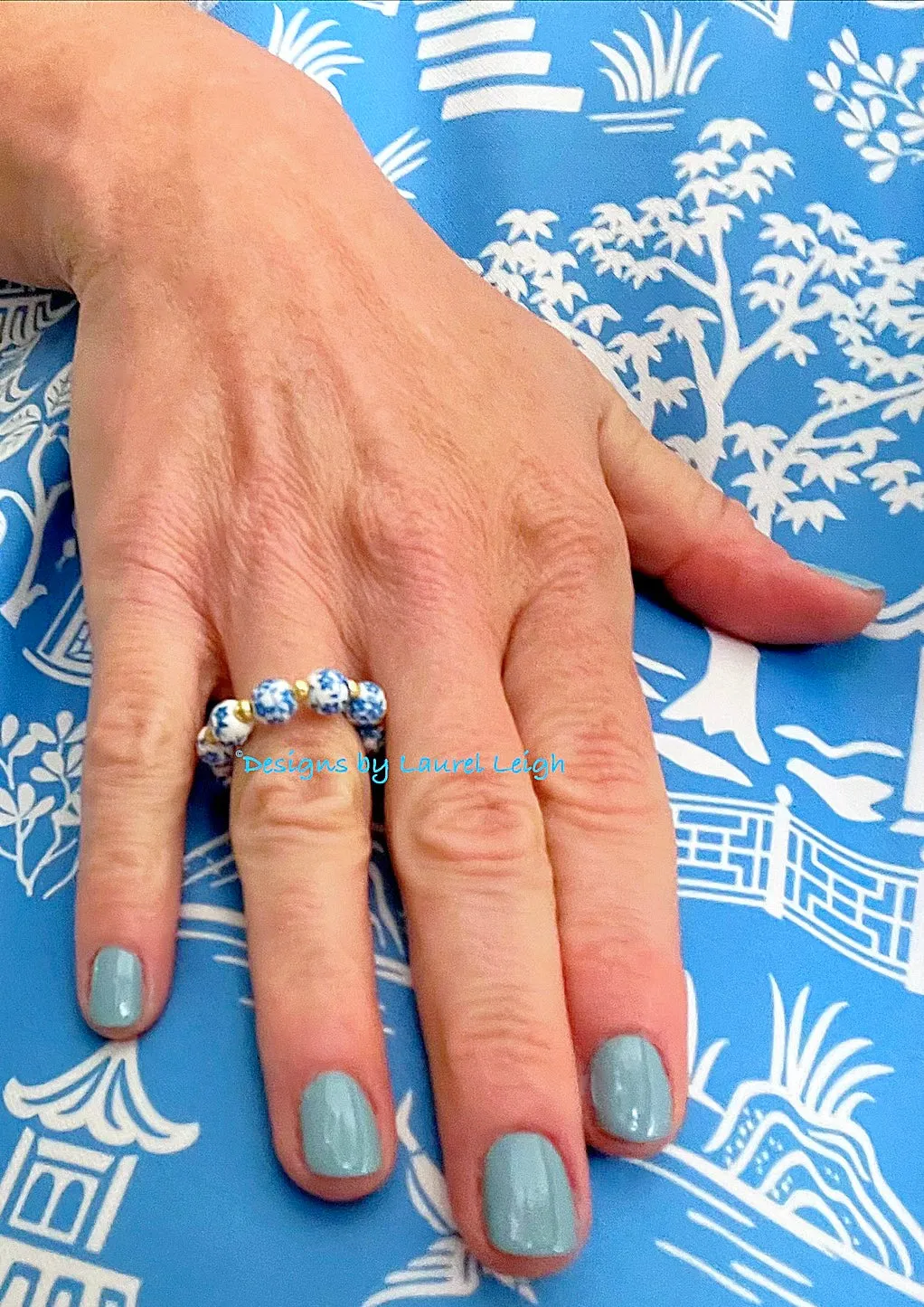 Blue & White Chinoiserie Floral Beaded Ring