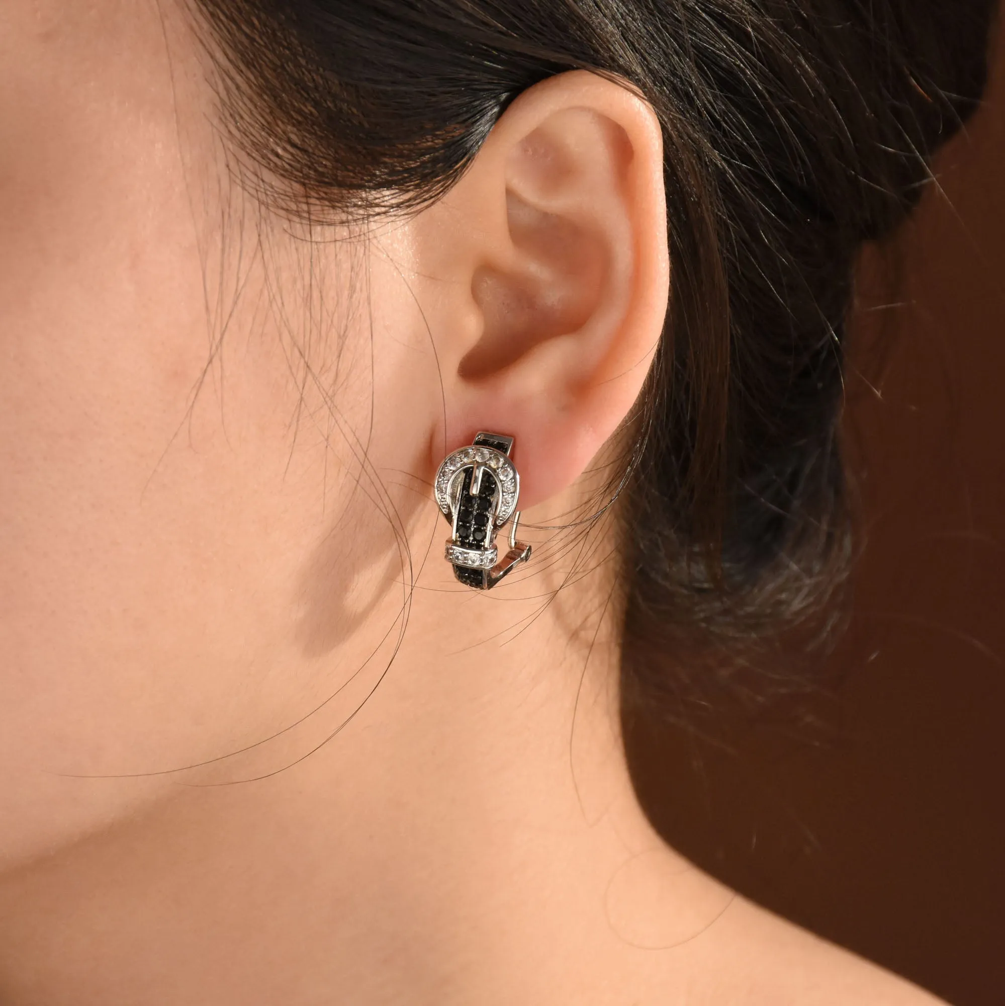Blue Black Brown CZ Stud Earrings Pave Cubic Zirconia and 3D Belt Buckle Design