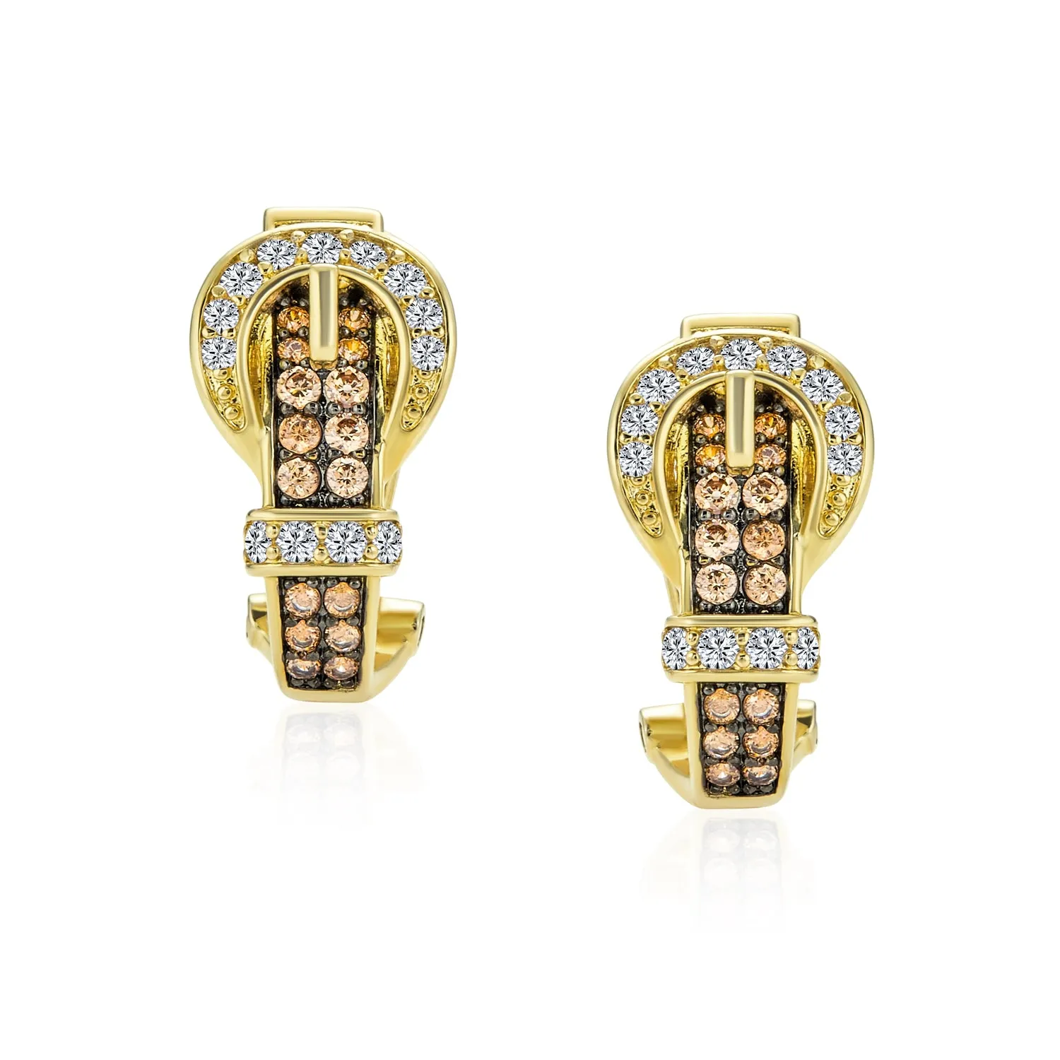 Blue Black Brown CZ Stud Earrings Pave Cubic Zirconia and 3D Belt Buckle Design
