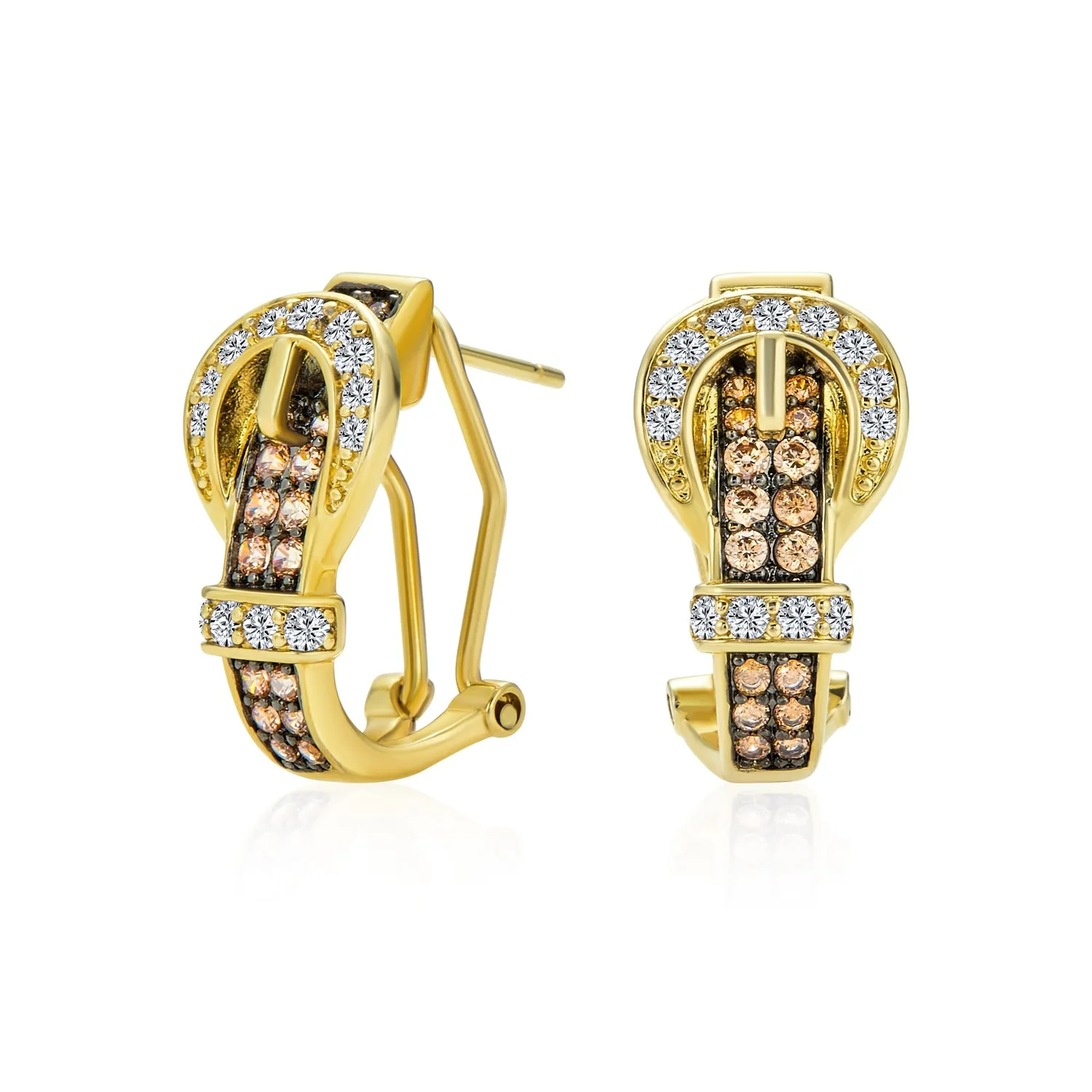 Blue Black Brown CZ Stud Earrings Pave Cubic Zirconia and 3D Belt Buckle Design