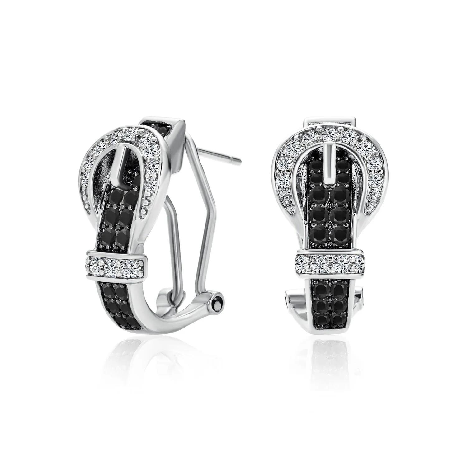 Blue Black Brown CZ Stud Earrings Pave Cubic Zirconia and 3D Belt Buckle Design