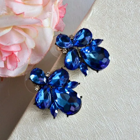 Blue Rhinestone Crystal Cluster Stud Earrings, Sapphire Blue Stud Bridal Earrings, Sapphire Wedding Stud Earrings, Bridesmaids Earrings