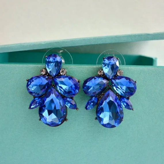 Blue Rhinestone Crystal Cluster Stud Earrings, Sapphire Blue Stud Bridal Earrings, Sapphire Wedding Stud Earrings, Bridesmaids Earrings