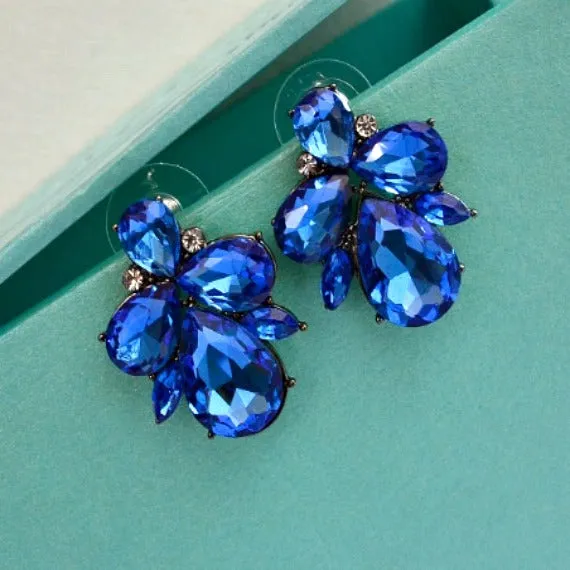 Blue Rhinestone Crystal Cluster Stud Earrings, Sapphire Blue Stud Bridal Earrings, Sapphire Wedding Stud Earrings, Bridesmaids Earrings