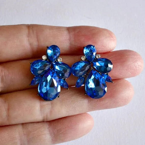 Blue Rhinestone Crystal Cluster Stud Earrings, Sapphire Blue Stud Bridal Earrings, Sapphire Wedding Stud Earrings, Bridesmaids Earrings