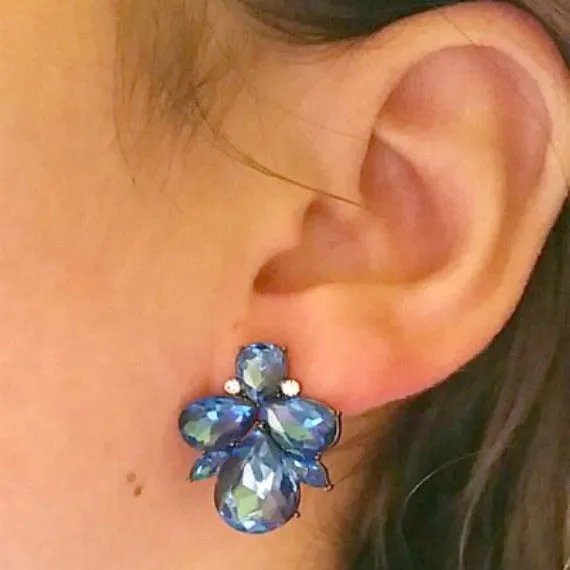 Blue Rhinestone Crystal Cluster Stud Earrings, Sapphire Blue Stud Bridal Earrings, Sapphire Wedding Stud Earrings, Bridesmaids Earrings