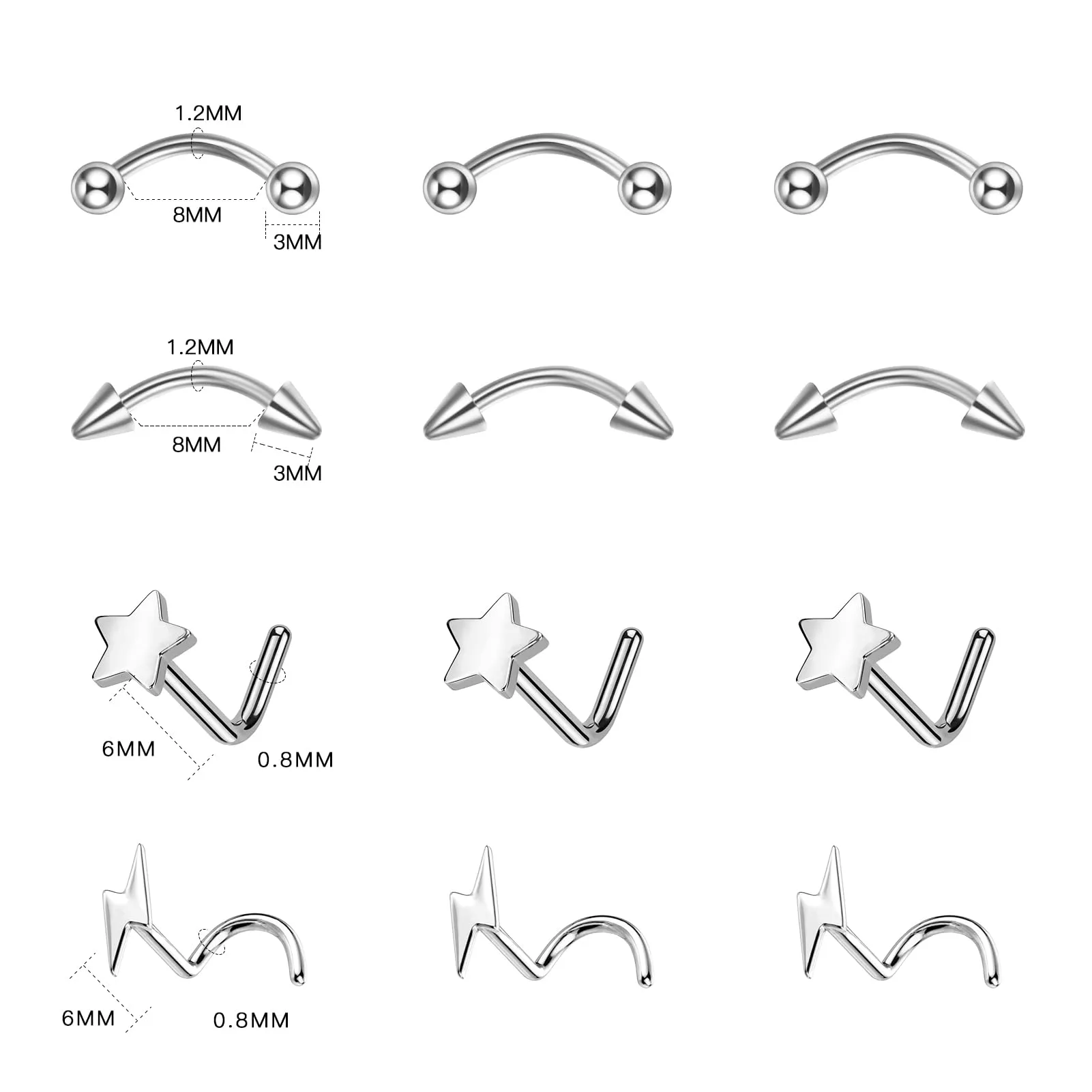 BLZ 80PCS Piercing Kit Stainless Steel 20G 18G 16G 14G Piercing Needle with Nose Septum Lip Tongue Tragus Cartilage Daith Eyebrow Belly Button Rings Piercing Jewelry Gloves Clamps Tools Siver