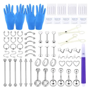 BLZ 80PCS Piercing Kit Stainless Steel 20G 18G 16G 14G Piercing Needle with Nose Septum Lip Tongue Tragus Cartilage Daith Eyebrow Belly Button Rings Piercing Jewelry Gloves Clamps Tools Siver