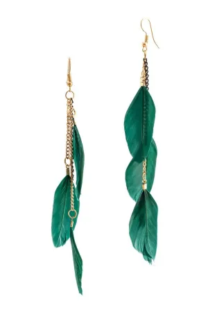 Boho chic feather earrings green