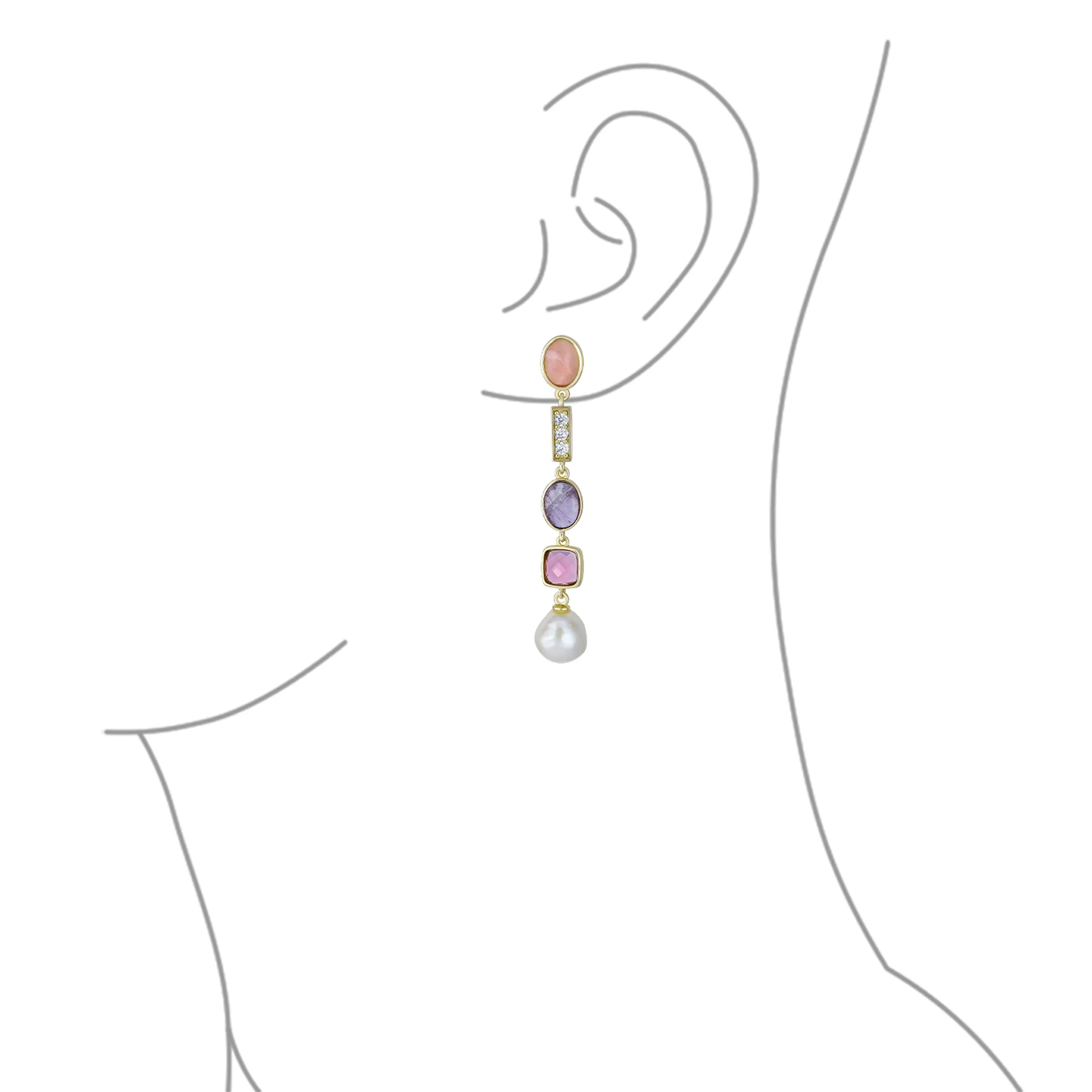 Boho Tri Tone Pearl Tourmaline Amethyst Dangle Gemstone Earrings Gold