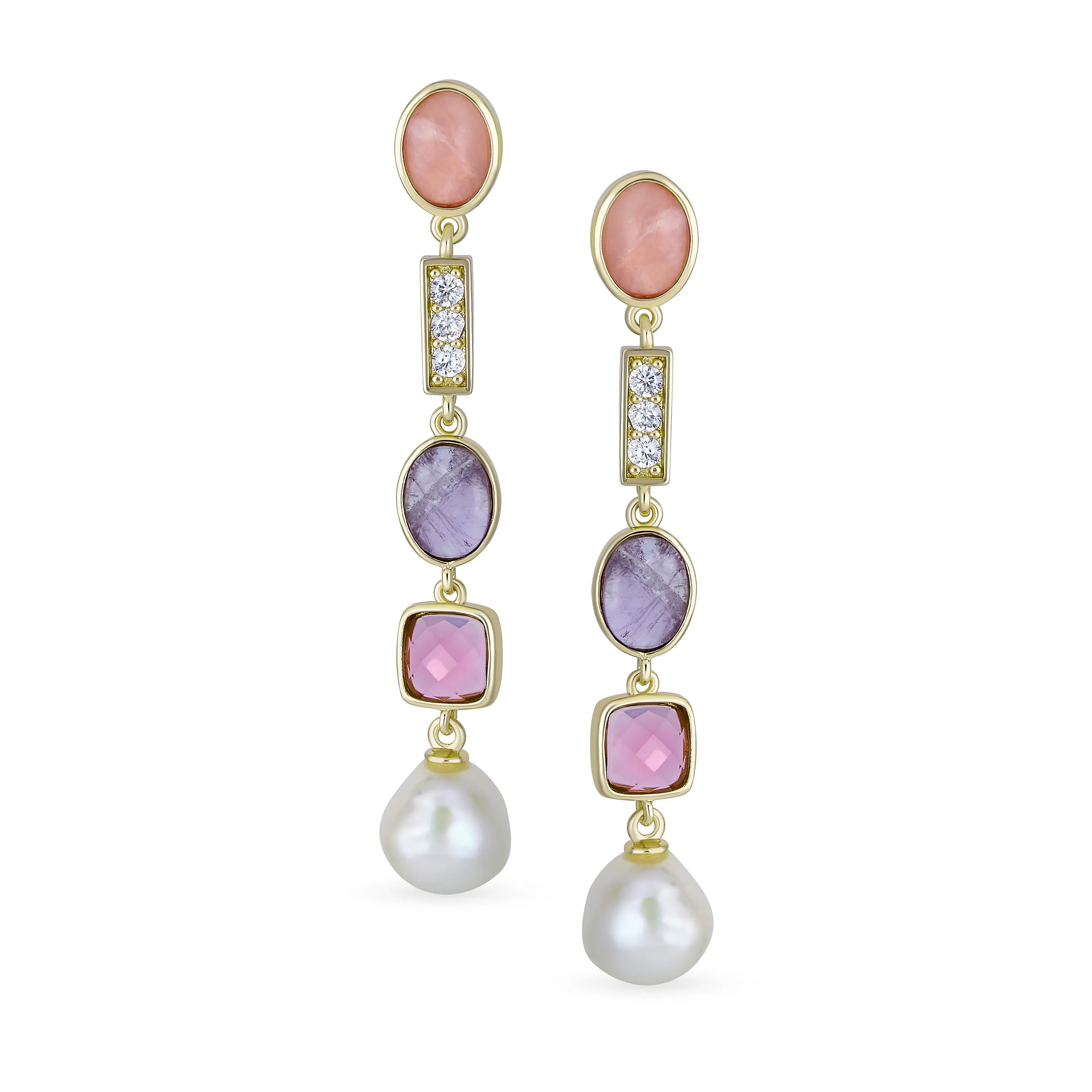 Boho Tri Tone Pearl Tourmaline Amethyst Dangle Gemstone Earrings Gold