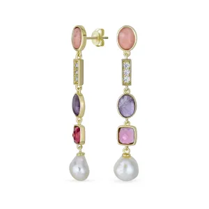 Boho Tri Tone Pearl Tourmaline Amethyst Dangle Gemstone Earrings Gold