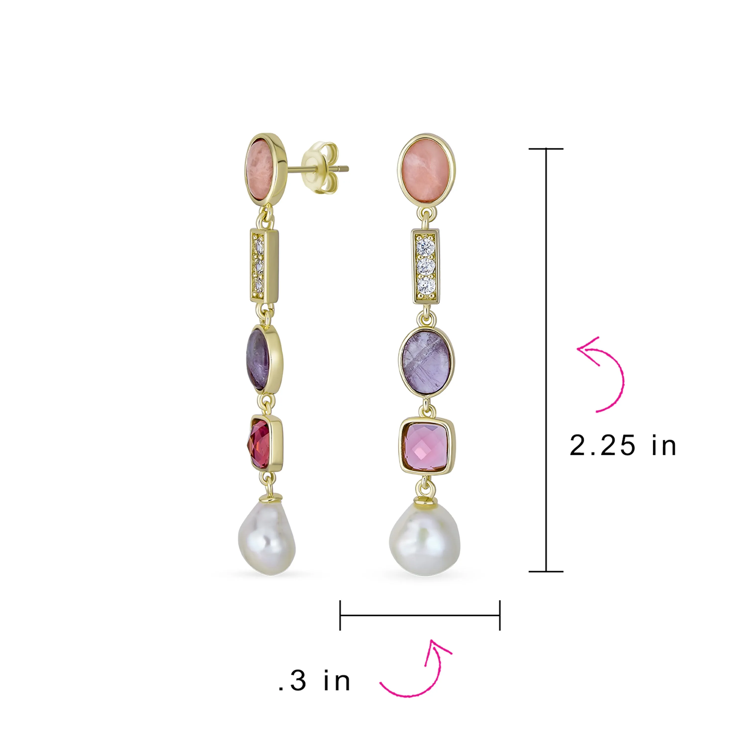 Boho Tri Tone Pearl Tourmaline Amethyst Dangle Gemstone Earrings Gold