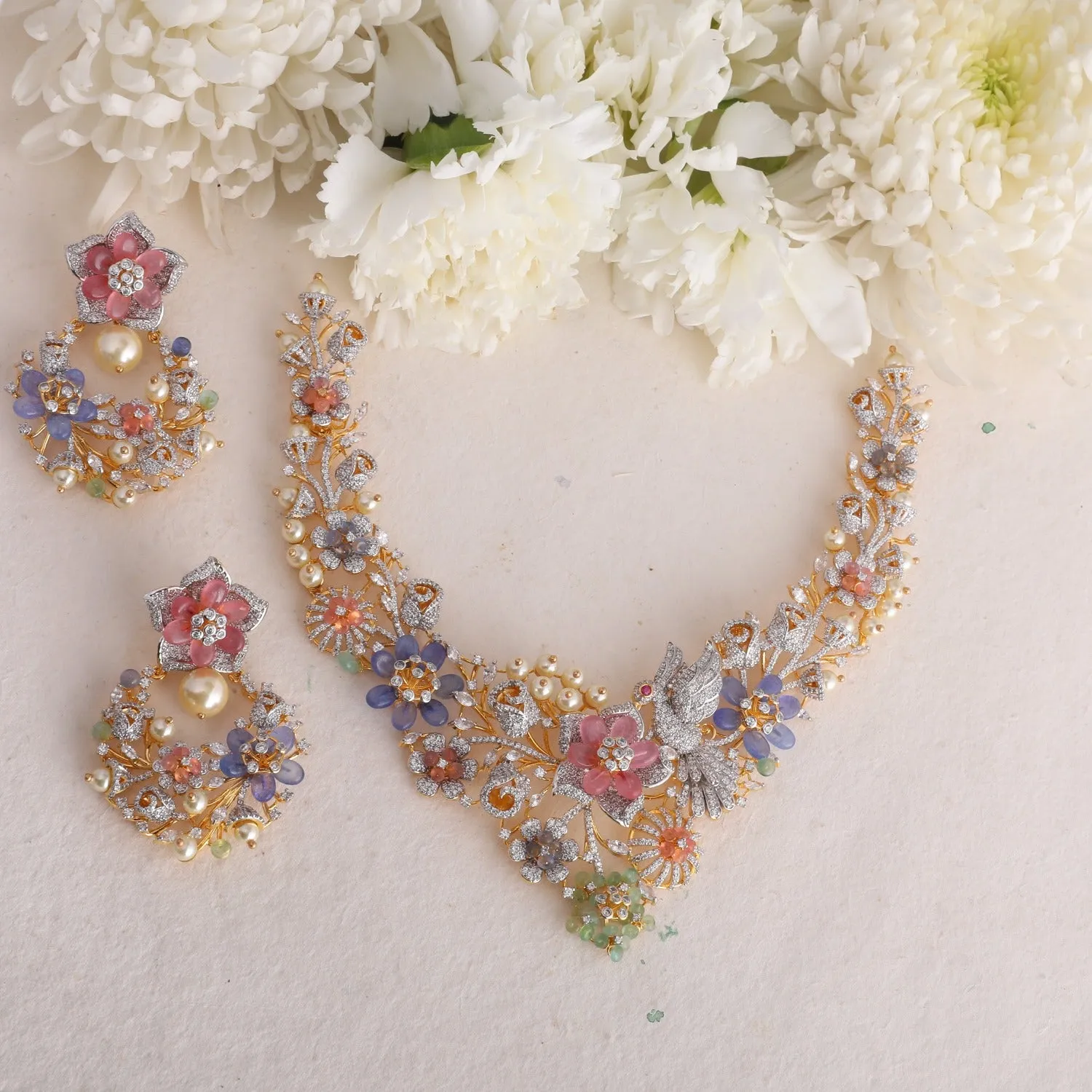 Botanic Floral CZ Silver Statement Necklace