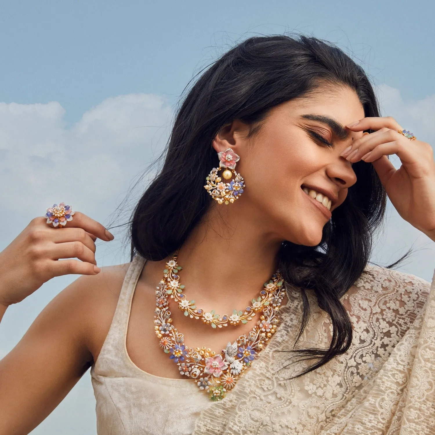 Botanic Floral CZ Silver Statement Necklace