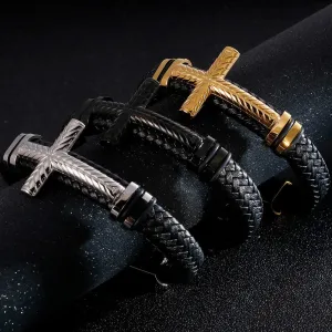 Braided Leather Wrap Bracelet For Men Gold Plated Stainless Steel Christian Cross Bracelets