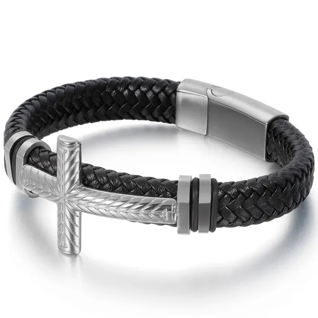 Braided Leather Wrap Bracelet For Men Gold Plated Stainless Steel Christian Cross Bracelets