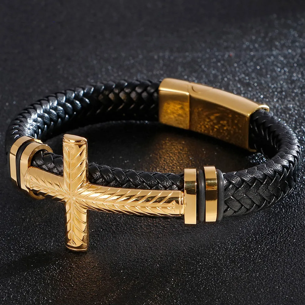 Braided Leather Wrap Bracelet For Men Gold Plated Stainless Steel Christian Cross Bracelets