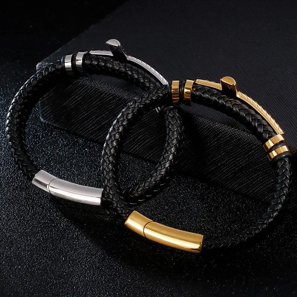 Braided Leather Wrap Bracelet For Men Gold Plated Stainless Steel Christian Cross Bracelets