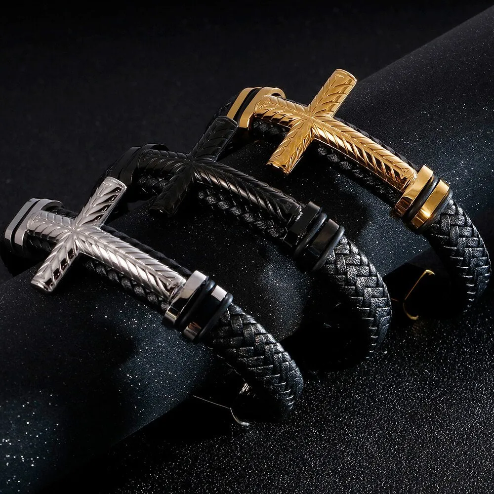 Braided Leather Wrap Bracelet For Men Gold Plated Stainless Steel Christian Cross Bracelets