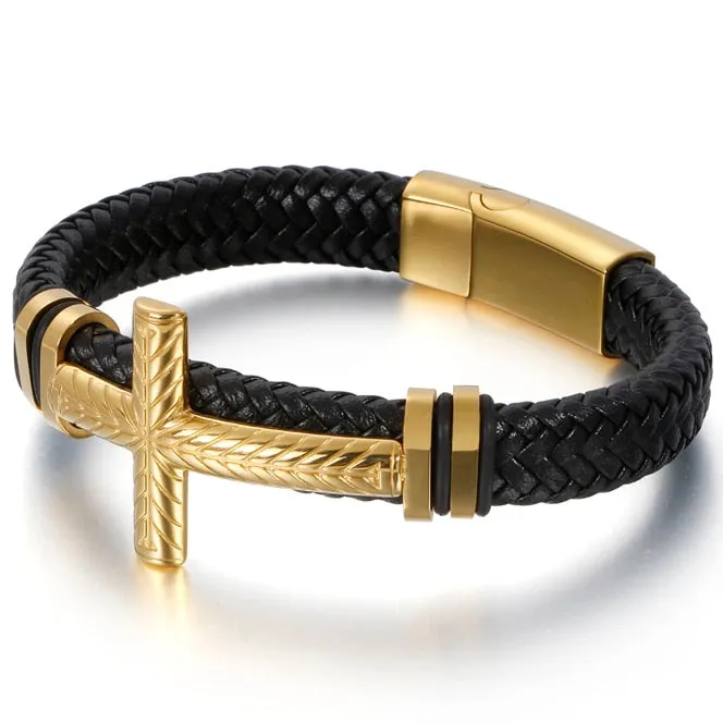 Braided Leather Wrap Bracelet For Men Gold Plated Stainless Steel Christian Cross Bracelets