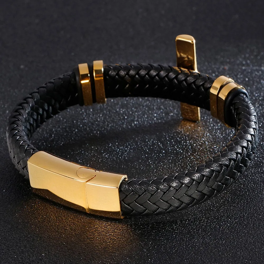Braided Leather Wrap Bracelet For Men Gold Plated Stainless Steel Christian Cross Bracelets