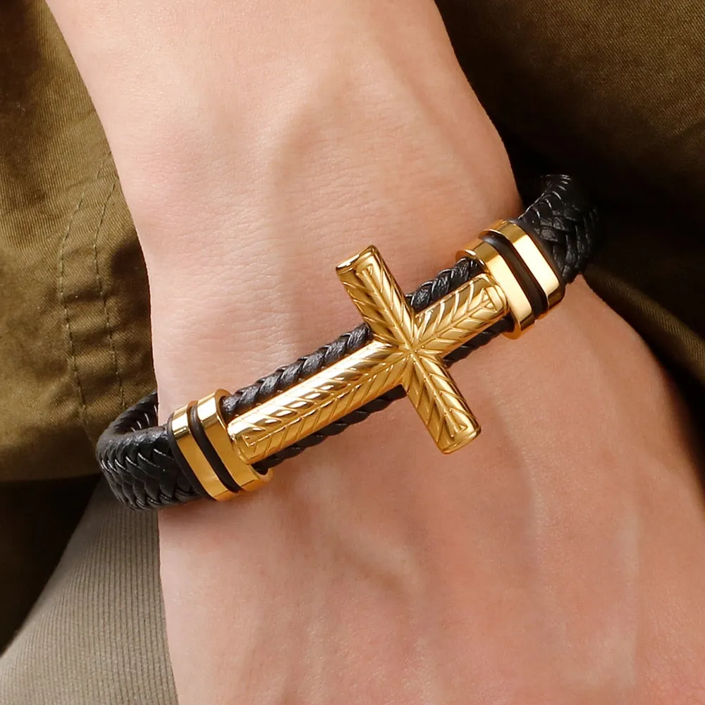 Braided Leather Wrap Bracelet For Men Gold Plated Stainless Steel Christian Cross Bracelets