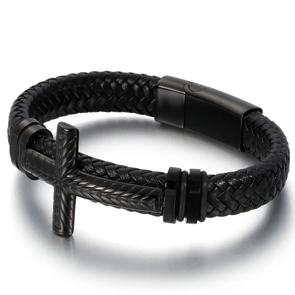 Braided Leather Wrap Bracelet For Men Gold Plated Stainless Steel Christian Cross Bracelets