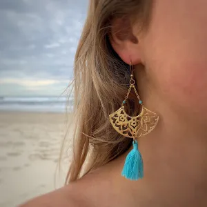 Brass Boho Tassel Earrings with Turquoise