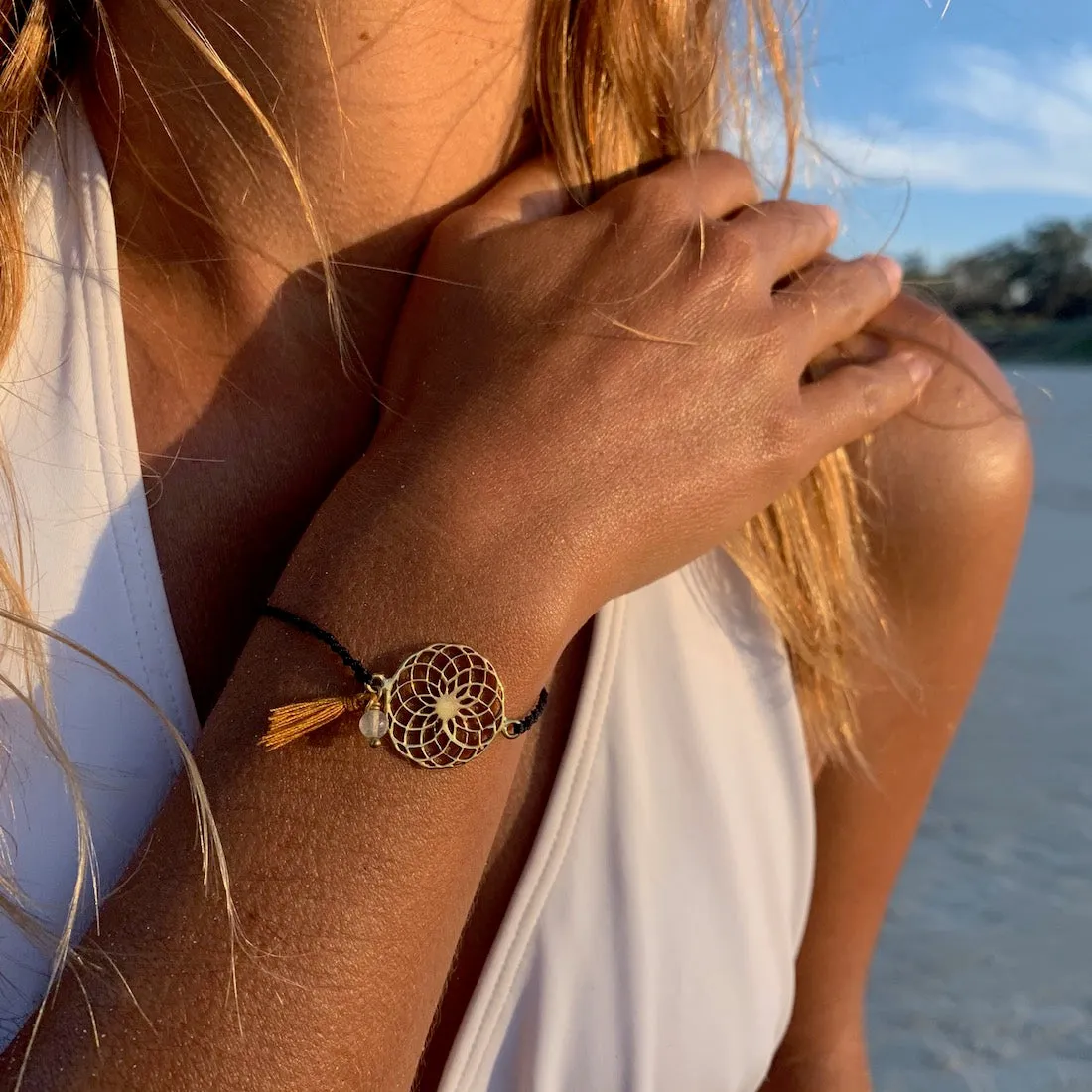 brass Sunflower charm bracelet with citrine