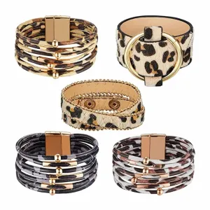 Brass Tube Multi PU Leather Cuff Bracelet- Leopard (x5)