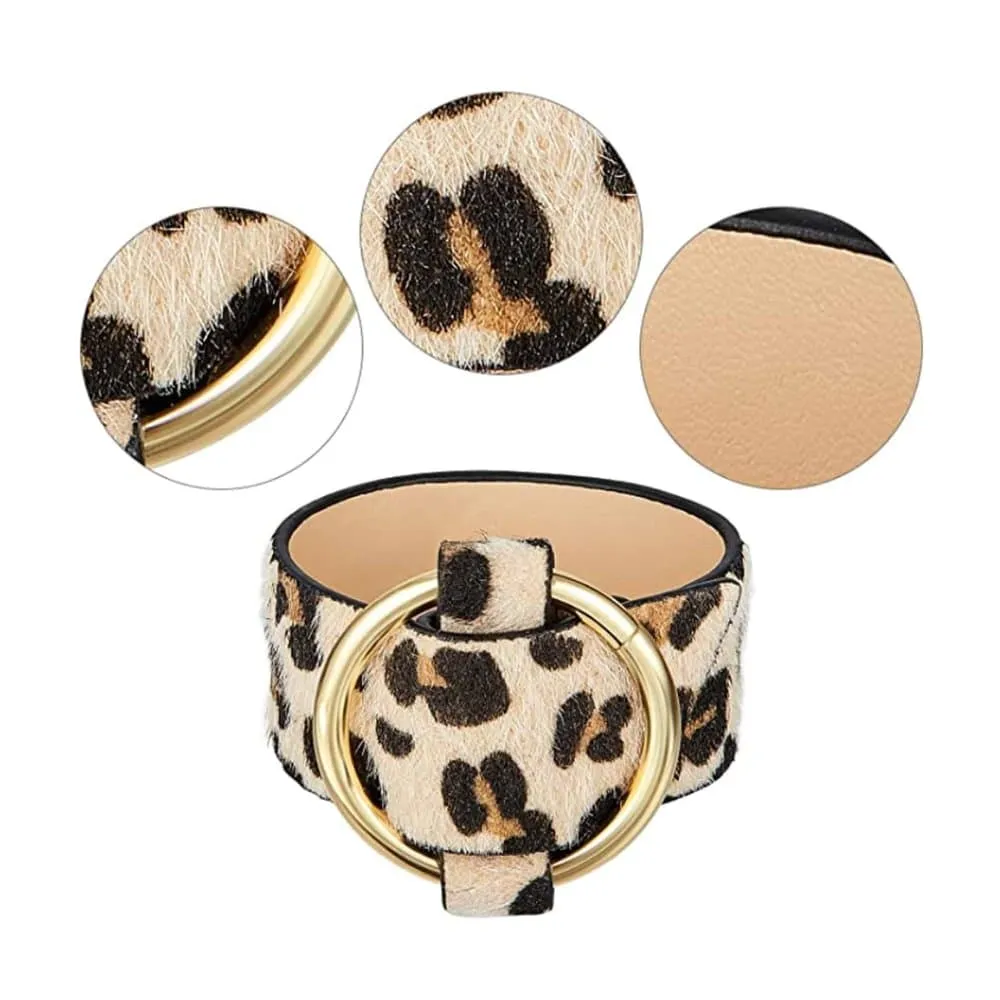 Brass Tube Multi PU Leather Cuff Bracelet- Leopard (x5)