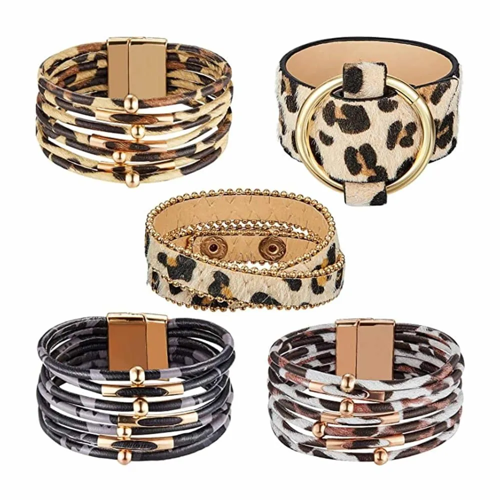 Brass Tube Multi PU Leather Cuff Bracelet- Leopard (x5)
