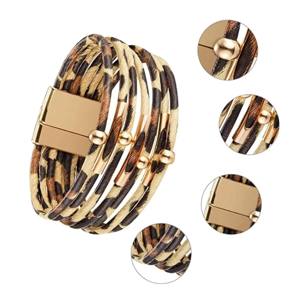 Brass Tube Multi PU Leather Cuff Bracelet- Leopard (x5)