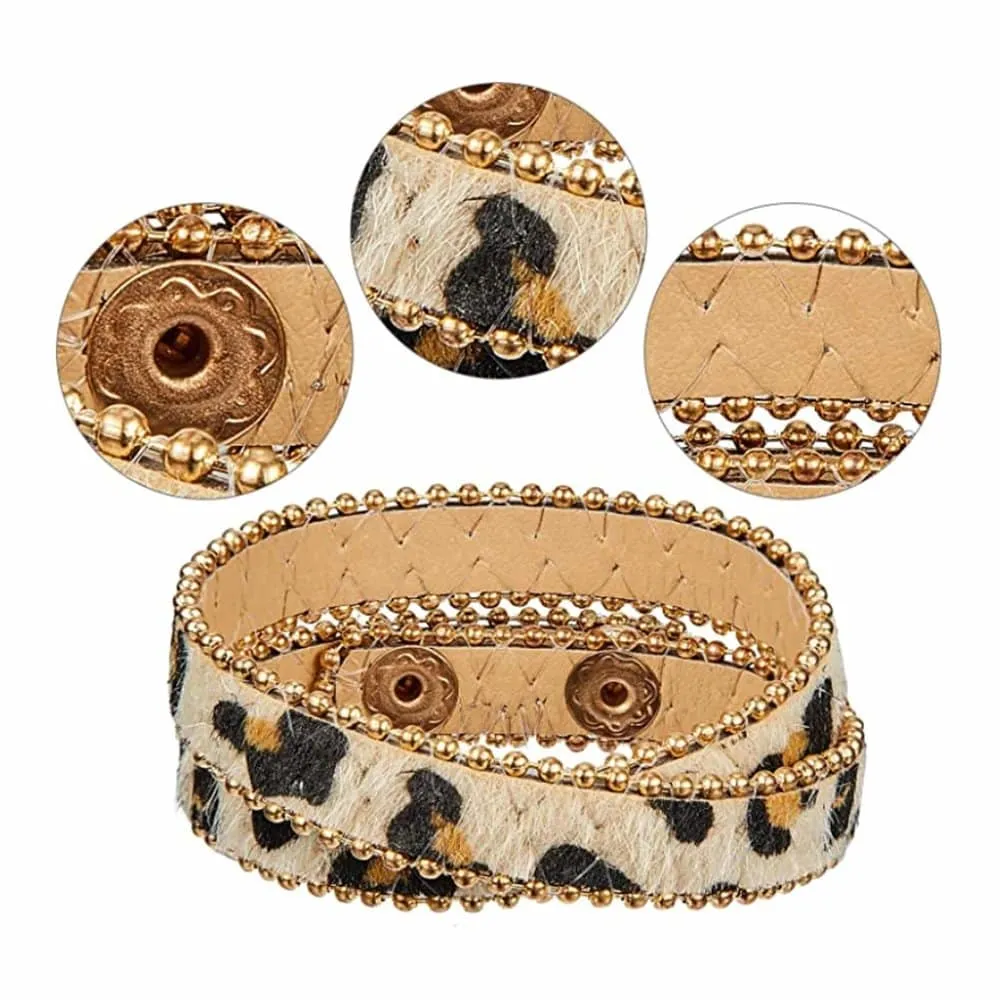 Brass Tube Multi PU Leather Cuff Bracelet- Leopard (x5)