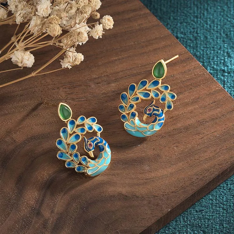 Buddha Stones Natural White Peacock Green Agate Fortune Earrings