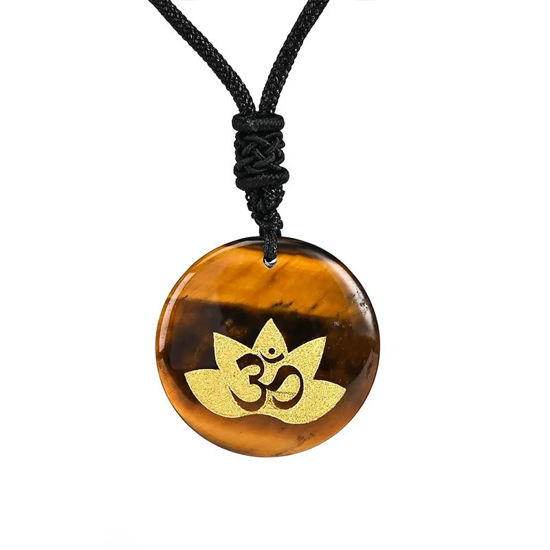 Buddha Stones OM Lotus Symbol Various Crystal Amethyst Tiger Eye Healing Necklace Pendant