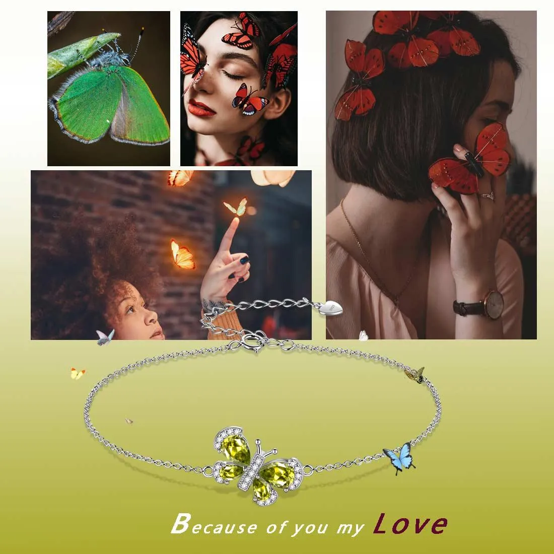 Butterfly Bracelet Birthstone August Peridot Crystal Women Girls Jewelry Birthday Gift