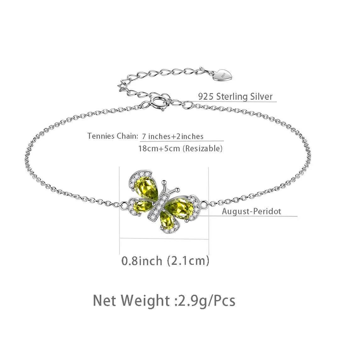 Butterfly Bracelet Birthstone August Peridot Crystal Women Girls Jewelry Birthday Gift