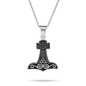 Celtic Knot Viking Thors Hammer Pendant Necklace in Oxidized Sterling Silver