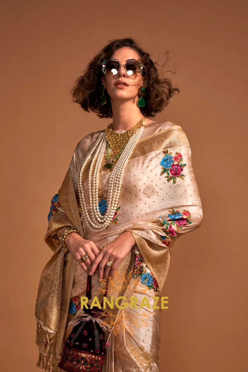Champagne Gold Woven Banarasi Satin Silk Saree