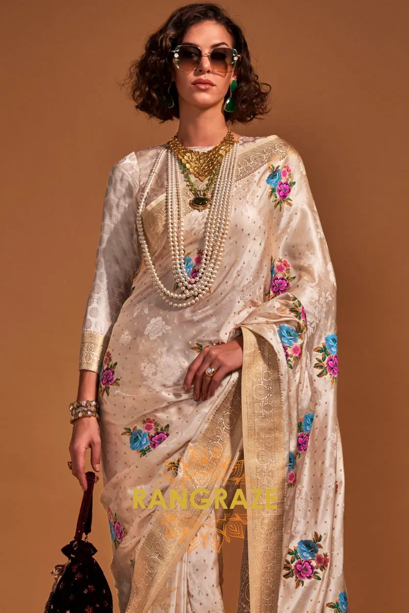 Champagne Gold Woven Banarasi Satin Silk Saree