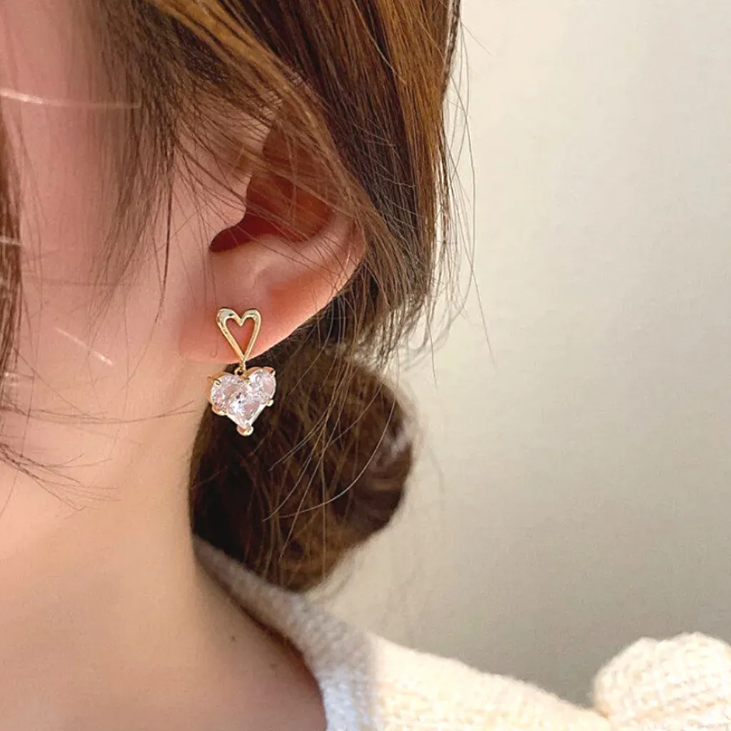 Chic CZ Gold Double Heart Earrings