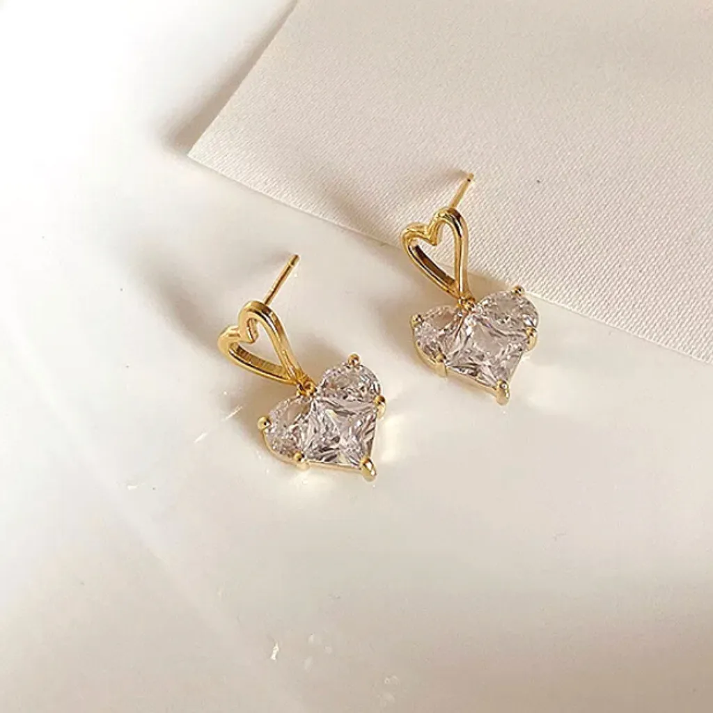 Chic CZ Gold Double Heart Earrings